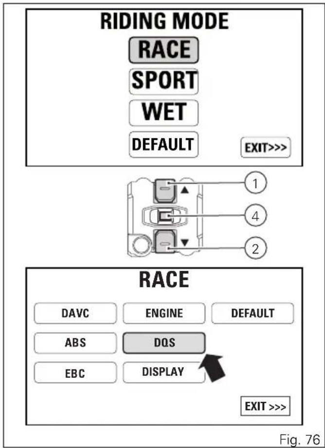 RIDING MODE RACE SPORT WET DEFAULT EXIT>>> 1 4 2 RACE DAVC ENGINE DEFAULT ABS DQS EBC DISPLAY EXIT >>> Fig. 76