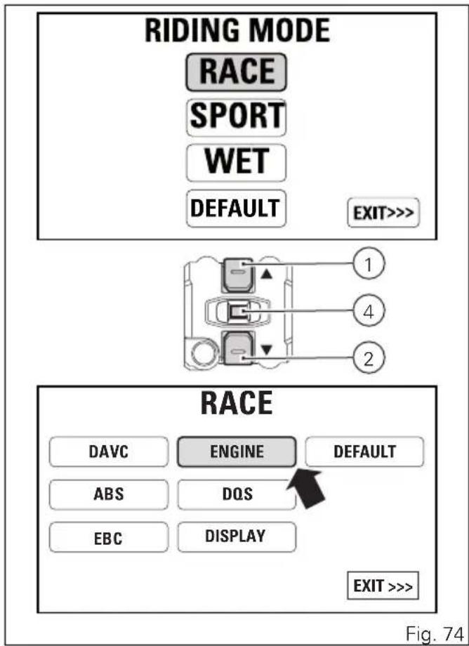 RIDING MODE RACE SPORT WET DEFAULT EXIT>>> 1 4 2 RACE DAVC ENGINE DEFAULT ABS DOS EBC DISPLAY EXIT >>> Fig. 74