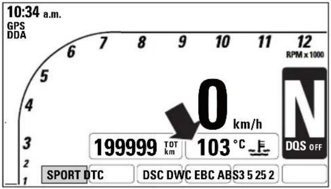 10:34 a.m. GPS DDA 6 7 8 9 10 11 12 RPM x 1000 5 4 3 2 1 0 km/h 199999 TOT km 103 °C ~E DQS OFF SPORT DTC DSC DWC EBC ABS3 5 25 2
