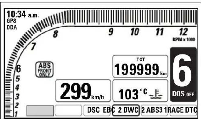 10:34 a.m. GPS DDA 8 9 10 11 12 RPM x 1000 6 ABS FRONT ONLY TOT 199999 km 6 299 km/h 103 °C DQS OFF 1 DSC EBC 2 DWC 2 ABS3 1 RACE DTC
