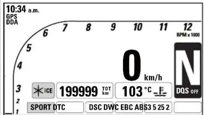 10:34 a.m. GPS DDA 6 7 8 9 10 11 12 RPM x 1000 5 0 km/h 3 ICE 199999 TOT 103 °C km km 2 SPORT DTC DSC DWC EBC AB S3 5 25 2 1
