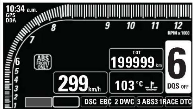 10:34 a.m. GPS DDA 7 8 9 10 11 12 RPM x 1000 6 ABS FRONT ONLY TOT 199999 km 6 299 km/h 103 °C DQS OFF 1 DSC EBC 2 DWC 3 ABS3 1 RACE DTC