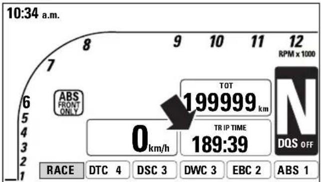 10:34 a.m. 8 9 10 11 12 RPM x 1000 7 6 5 4 3 2 1 ABS FRONT ONLY TOT 199999 km TR IP TIME 0 km/h 189:39 N DQS OFF RACE DTC 4 DSC 3 DWC 3 EBC 2 ABS 1