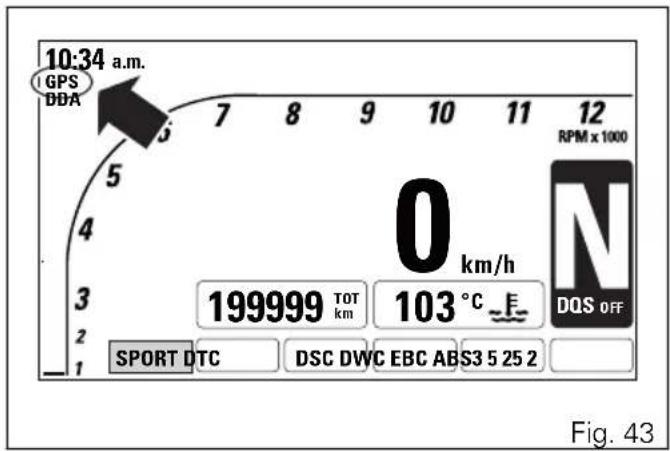 10:34 a.m. GPS DBA 7 8 9 10 11 12 RPM x 1000 5 4 3 2 1 0 km/h 199999 TOT km 103 °C F DQS OFF SPORT DTC DSC DWC EBC ABS3 5 25 2 Fig. 43