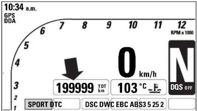 10:34 a.m. GPS DDA 6 7 8 9 10 11 12 RPM x 1000 5 4 3 2 1 199999 TOT km 103 °C N DQS OFF SPORT DTC DSC DWC EBC ABS3 5 25 2