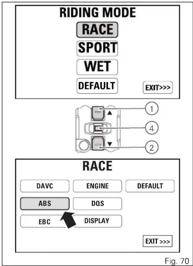 RIDING MODE RACE SPORT WET DEFAULT EXIT>>> 1 4 2 RACE DAVC ENGINE DEFAULT ABS DOS EBC DISPLAY EXIT >>> Fig. 70