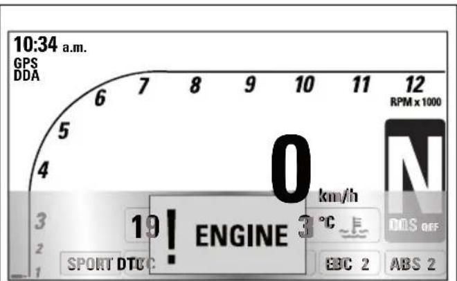 10:34 a.m. GPS DDA 6 7 8 9 10 11 12 RPM x 1000 5 0 km/h N 19! ENGINE 3 °C SPORT DTCC EBC 2 ABS 2