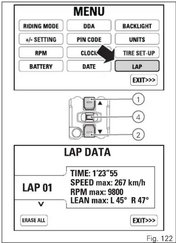 MENU RIDING MODE DDA BACKLIGHT +/- SETTING PIN CODE UNITS RPM CLOCK TIRE SET-UP BATTERY DATE LAP EXIT>>> LAP DATA LAP 01 TIME: 1'23"55 SPEED max: 267 km/h RPM max: 9800 LEAN max: L 45° R 47° √ ERASE ALL EXIT>>> Fig. 122