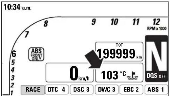 10:34 a.m. 8 9 10 11 12 RPM x 1000 6 ABS FRONT ONLY TOT 199999 km N DQS OFF 5 0 km/h 103 °C RACE DTC 4 DSC 3 DWC 3 EBC 2 ABS 1