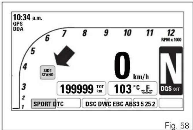 10:34 a.m. GPS DDA 6 7 8 9 10 11 12 RPM x 1000 5 4 SIDE STAND 0 km/h 199999 TOT km 103 °C DQS OFF 3 2 1 SPORT DTC DSC DWC EBC ABS3 5 25 2 Fig. 58