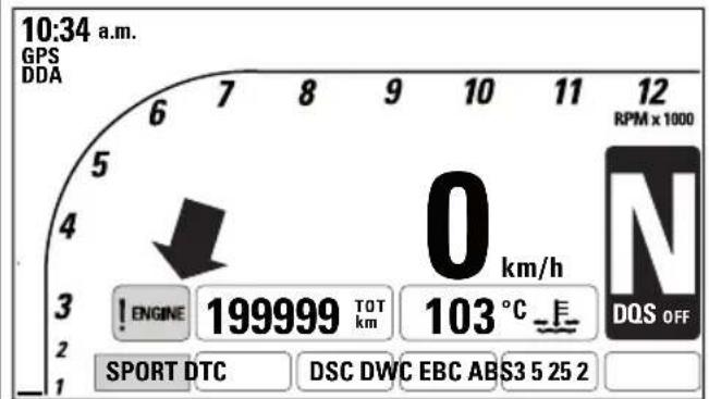 10:34 a.m. GPS DDA 6 7 8 9 10 11 12 RPM x 1000 5 4 3 2 1 0 km/h ! ENGINE 199999 TOT km 103 °C F DQS OFF SPORT DTC DSC DWC EBC AB S3 5 25 2