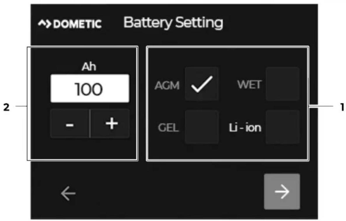 DOMETIC TD283 - Настройване на типа на акумулатора и номиналния капацитет - 1
