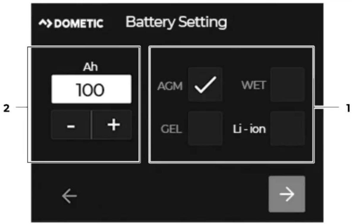 DOMETIC TD283 - Setting the battery type and the rated capacity - 1