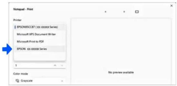 Notepad - Print Printer EPSON95CC87 (XX-XXXX Series) Microsoft XPS Document Writer Microsoft Print to PDF EPSON 95-XXXX Series 1 Color mode Grayscale No preview available