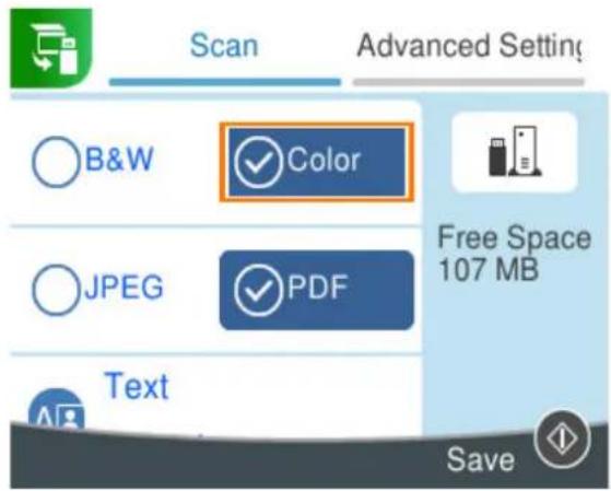 Scan Advanced Setting B&W Color JPEG PDF Text Free Space 107 MB Save