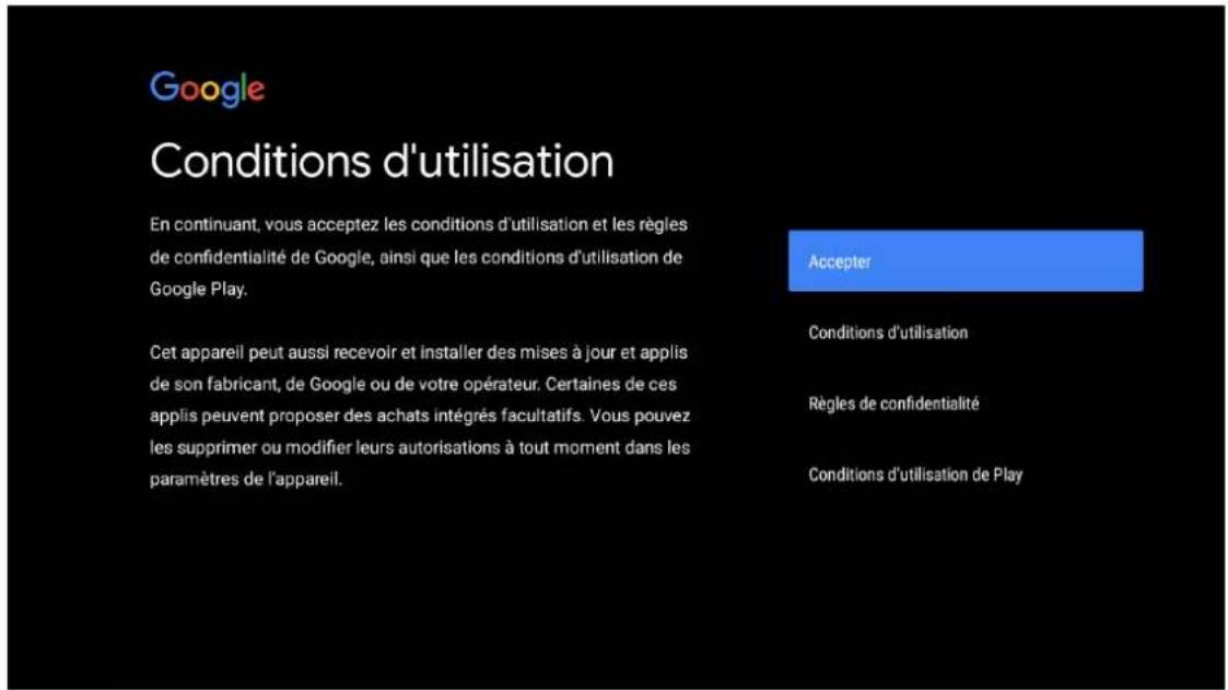 Google Conditions d'utilisation En continuant, vous acceptez les conditions d'utilisation et les règles de confidentialité de Google, ainsi que les conditions d'utilisation de Google Play. Cet appareil peut aussi recevoir et installer des mises à jour et applis de son fabricant, de Google ou de votr…