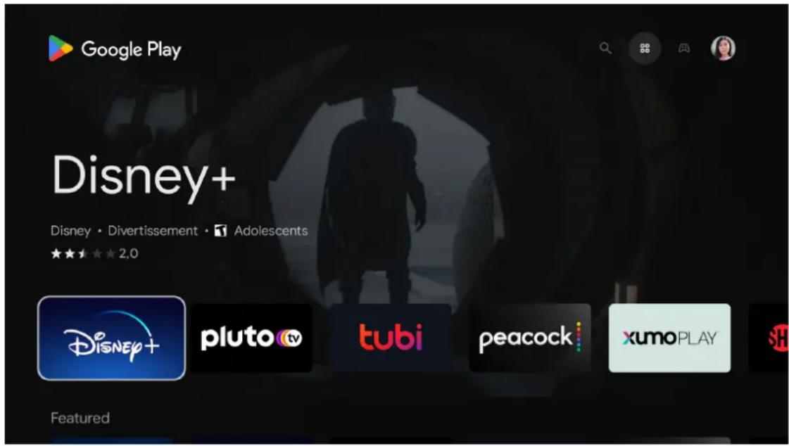 Google Play. Disney+. Disney • Divertissement • Adolescents. ★★★★ 2,0. Disney+. pluto TV, tubi, peacock, xumoPLAY. Featured.
