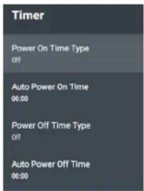 Timer Power On Time Type Off Auto Power On Time 00:00 Power Off Time Type Off Auto Power Off Time 00:00