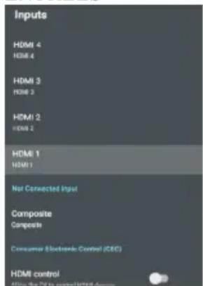 Inputs HDMI 4 HDMI 4 HDMI 3 HDMI 3 HDMI 2 HDMI 1 HDMI 1 Not Connected Input Composite Composite Consumer Electronic Control (CEC) HDMI control