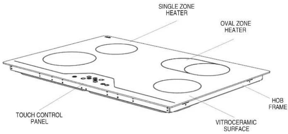 SINGLE ZONE HEATER OVAL ZONE HEATER TOUCH CONTROL PANEL HOB FRAME VITROCERAMIC SURFACE