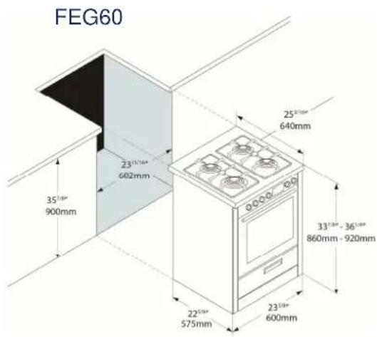 FEG60 25°1/4" 640mm 35°1/4" 900mm 23°1/4" 602mm 33°1/4" - 36°1/4" 860mm - 920mm 22°1/4" 575mm 23°1/4" 600mm