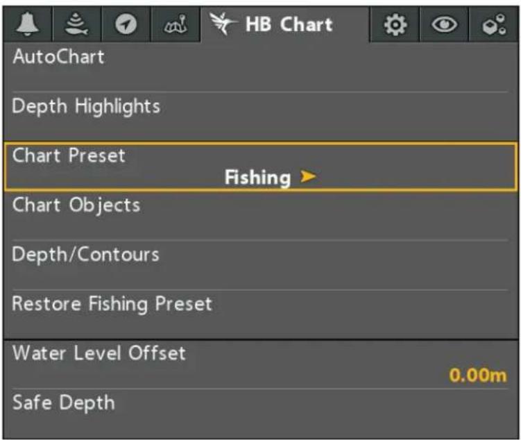 AutoChart Depth Highlights Chart Preset Fishing Chart Objects Depth/Contours Restore Fishing Preset Water Level Offset 0.00m Safe Depth
