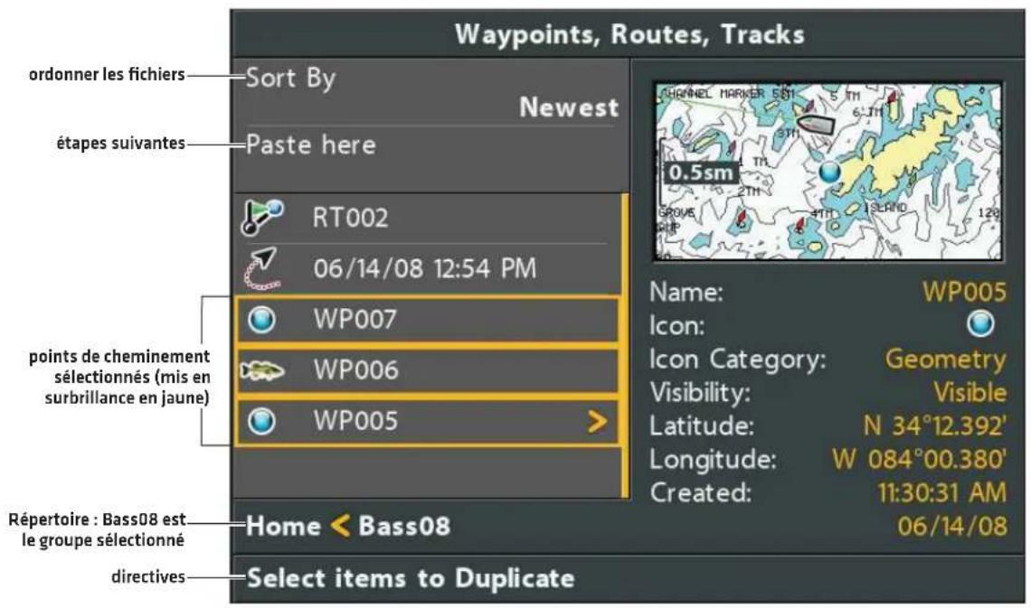 Waypoints, Routes, Tracks ordonner les fichiers Sort By Newest étapes suivantes Paste here RT002 06/14/08 12:54 PM WP007 points de cheminement sélectionnés (mis en surbrillance en jaune) WP006 WP005 Répertoire : Bass08 est le groupe sélectionné Home < Bass08 Directives Select items to Duplicate CHANNEL MARKER SET 0.5sm 06/14/08 Name: WP005 Icon: Geometry Visibility: Visible Latitude: N 34°12.392' Longitude: W 084°00.380' Created: 11:30:31 AM 06/14/08