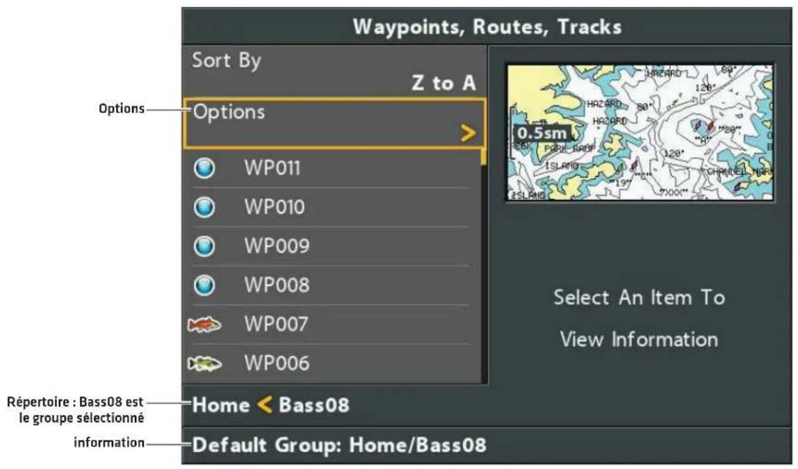 Waypoints, Routes, Tracks Sort By Z to A Options Options WP011 WP010 WP009 WP008 WP007 WP006 0.5sm Select An Item To View Information Récertoire : Bass08 est le groupe sélectionné information Home < Bass08 Default Group: Home/Bass08