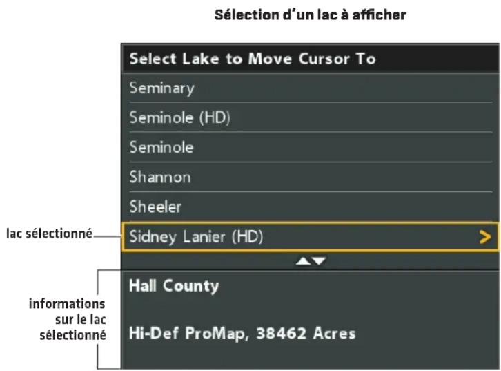Sélection d'un lac à afficher Select Lake to Move Cursor To Seminary Seminole (HD) Seminole Shannon Sheeler lac sélectionné Sidney Lanier (HD) Hall County informations sur le lac sélectionné Hi-Def ProMap, 38462 Acres