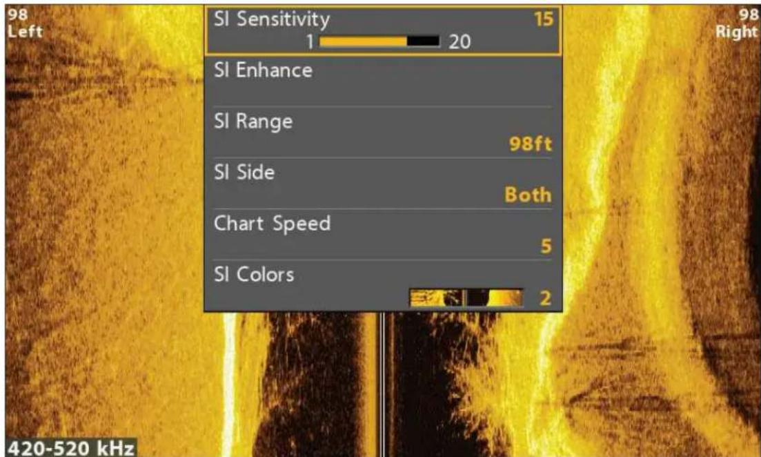 SI Sensitivity 15 1 20 SI Enhance SI Range 98ft SI Side Both Chart Speed 5 SI Colors 2 420-520 kHz