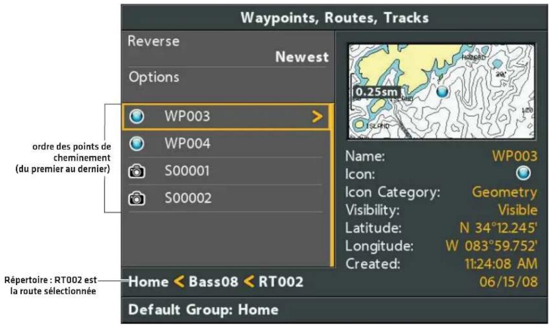 Waypoints, Routes, Tracks Reverse Newest Options ordre des points de cheminement (du premier au dernier) WP003 WP004 S00001 S00002 Name: WP003 Icon: Icon Category: Geometry Visibility: Visible Latitude: N 34°12.245' Longitude: W 083°59.752' Created: 11:24:08 AM 06/15/08 Répertoire : RT002 est la route sélectionnée Home < Bass08 < RT002 Default Group: Home