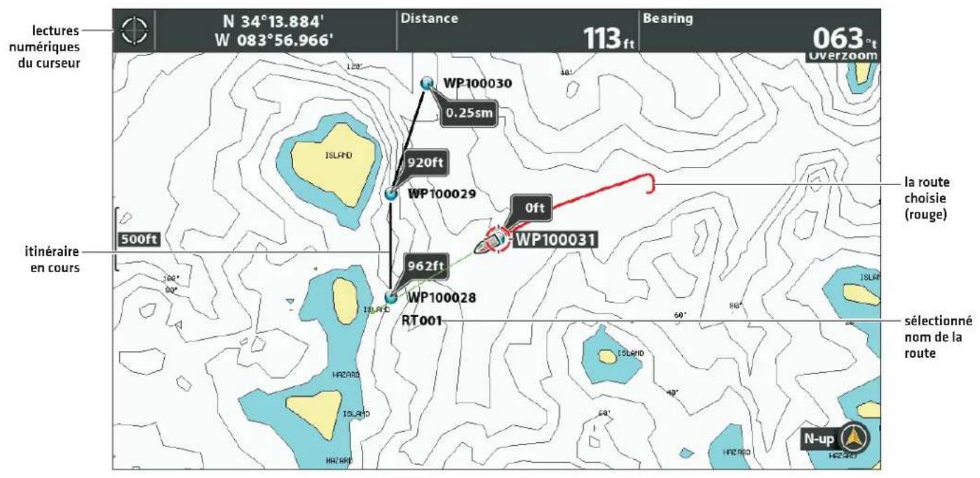 lectures numériques du curseur N 34°13.884' W 083°56.966' Distance 113ft Bearing 063°t Overzoom WP100030 0.25sm 920ft WP100029 0ft WP100031 962ft WP100028 RT001 500ft itinéraire en cours la route choisie (rouge) sélectionné nom de la route N-up