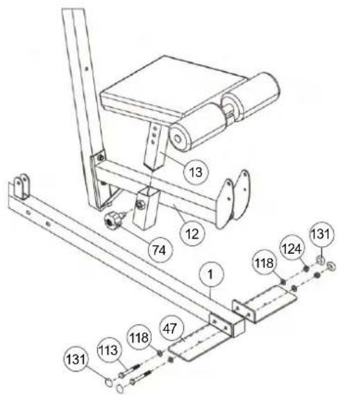 Christopeit SP 5000 - Installation of seat frame (13) at leg curler support (12) and standing plates (47) at front foot (1). - 1