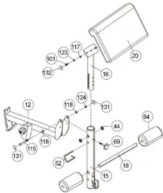 Christopeit SP 5000 - Installation of leg curler (15) and arm curl pad (20) at leg curler holder (12). - 1