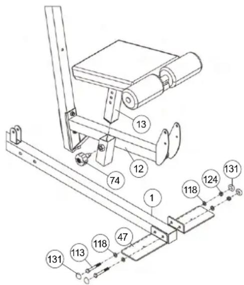 Christopeit SP 5000 - Installatie van het zitframe (13) op de beenbuig ondersteuning (12) en staande platen (47) op de voorvoet (1). - 1