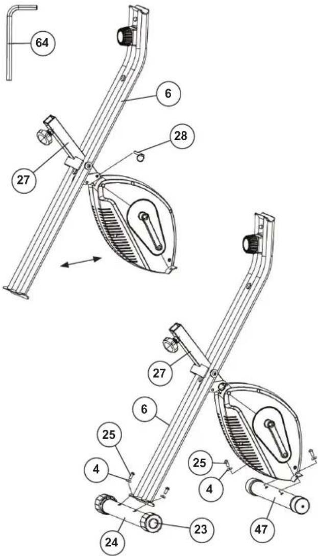 Christopeit X-Bike - Montáž řídítek (2) a počítače (1) na základní rám (6). - 1
