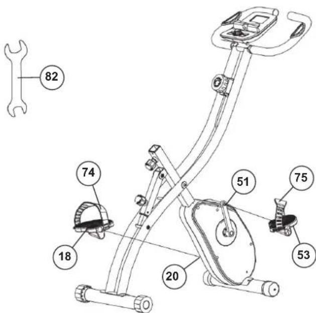 Christopeit S-Bike - Montage der Pedalen (18+53) an den Pedalarmen (20+51). - 3