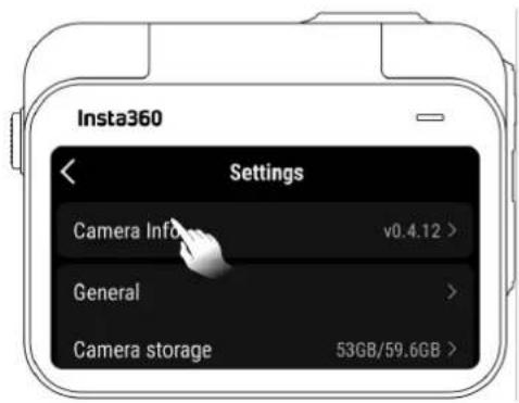 Insta360 Settings Camera Info v0.4.12 > General > Camera storage 53GB/59.6GB >