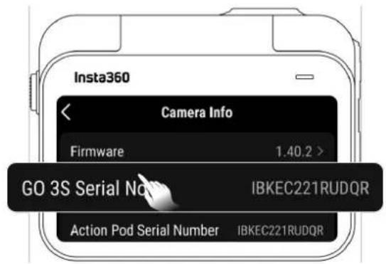 Insta360 Camera Info Firmware 1.40.2 > GO 3S Serial No IBKEC221RUDQR Action Pod Serial Number IBKEC221RUDQR
