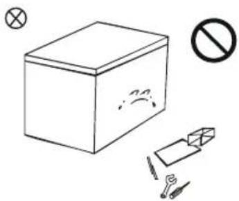 Safety warning illustration showing a box with a crossed-out symbol, no text, and other symbols including a prohibition sign.