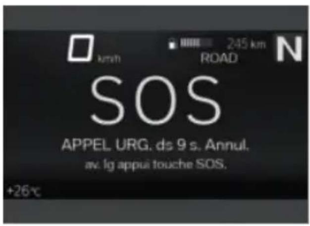 km/h 245 km ROAD N SOS APPEL URG. ds 9 s. Annul. av. lg appui touche SOS. +26°C