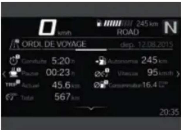 km/h ORDI. DE VOYAGE dep. 12.08.2015 Conduite 5:20 h Autonomia 245 km Pazier 00:23 h Vitesse 95 km/h TRIP Actual 45.6 km Consummation 16.4 km Total 567 km 20:35