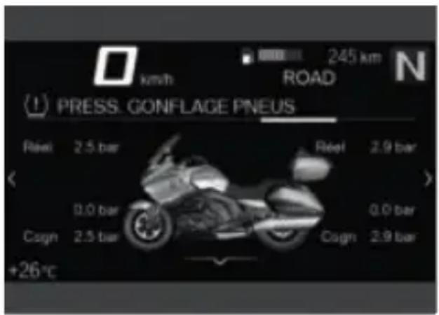 km/h 245 km ROAD N PRESS. CONFLAGE PNEUS Réal 2.5 bar Réel 2.9 bar 0.0 bar Cogn 2.5 bar Cogn 2.9 bar +26°C