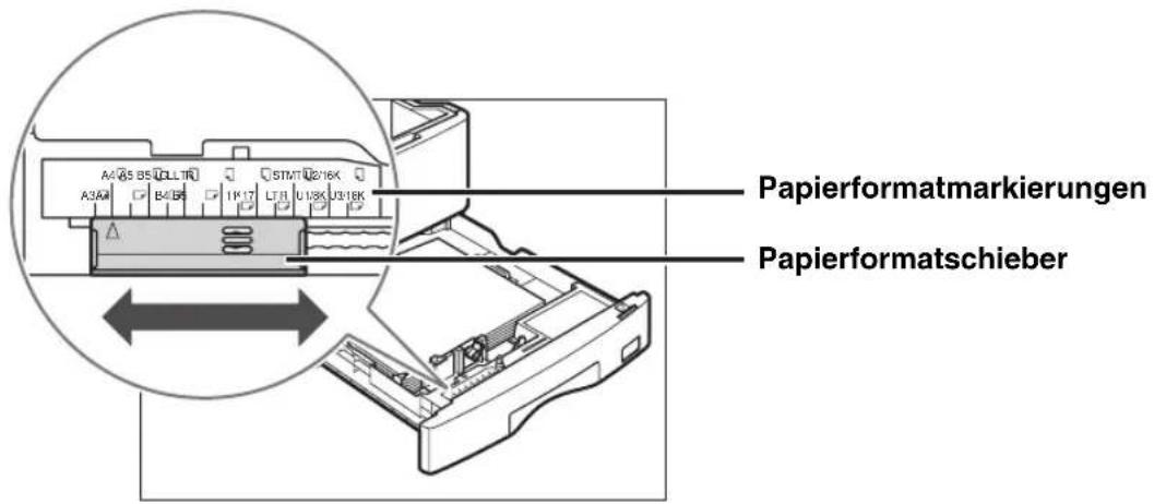 CANON imageRUNNER 2422 - Stellen Sie den Schieber für die Erkennung des Papierformats links an der Kassette so ein, dass der Pfeil auf das neue Papierformat zeigt. - 1