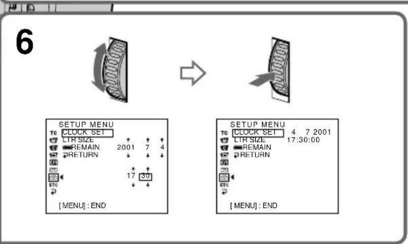 6 SETUP MENU Tc CLOCK SET LTR SIZE REMAIN 2001 7 4 RETURN 17 30 [MENU]: END SETUP MENU Tc CLOCK SET 4 7 2001 LTR SIZE 17:30:00 REMAIN RETURN [MENU]: END