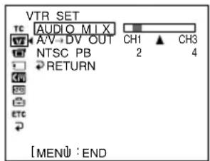 VTR SET TC AUDIO MIX AV+DV OUT CH1 CH3 NTSC PB 2 4 RETURN [MENU : END]