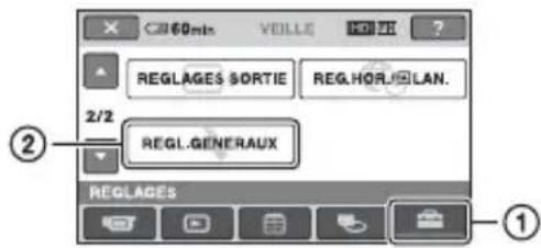 60min VOLLE ?? REGLAGES SORTIE REG.HOR.INTERNATION. 2/2 REGL.GENERAUX REGLAGES ①
