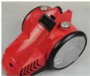 Red handheld device with black buttons and a circular lens (no visible text or symbols)