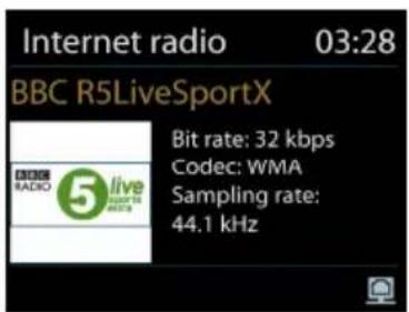 Internet radio 03:28 BBC R5LiveSportX BIT rate: 32 kbps Codec: WMA Sampling rate: 44.1 kHz