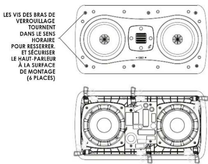 LES VIS DES BRAS DE VERROUILLAGE TOURNENT DANS LE SENS HORAIRE POUR RESSERRER. ET SÉCURISER LE HAUT-PARLEUR À LA SURFACE DE MONTAGE (6 PLACES)